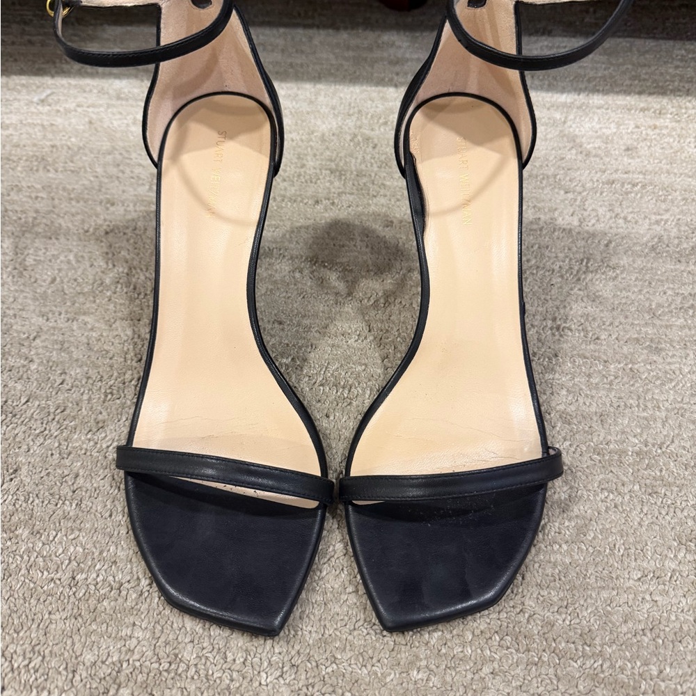 Stuart Weitzman Black Ankle-Strap Square-Toe Heels